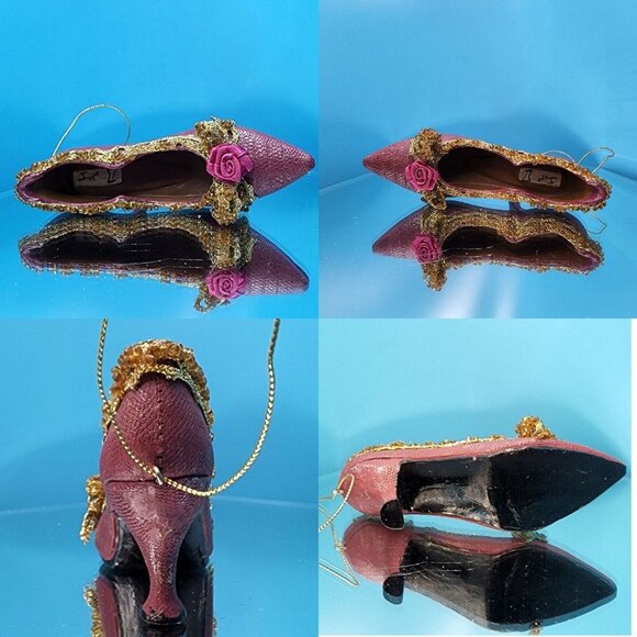 Victorian Purple Shoe Ornaments with Roses Gold Trim Ribbons Old Hollywood Style - Picture 10 of 10